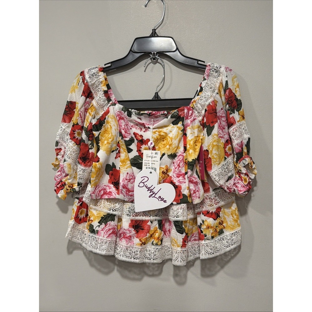 Buddy Love NWT Girls Medium 2piece Set Floral 100% Cotton Lace Trim Puff Sleeve